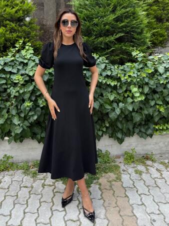 Kadın Kısa Balon Kollu Bisiklet Yaka Geniş Kesim Janjan Krep Elbise - 4