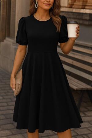 Kadın Kısa Balon Kollu Bisiklet Yaka Geniş Kesim Janjan Krep Elbise - ANGELINO BuyukBedeniz