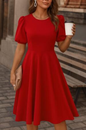 Kadın Kısa Balon Kollu Bisiklet Yaka Geniş Kesim Janjan Krep Elbise - ANGELINO BuyukBedeniz