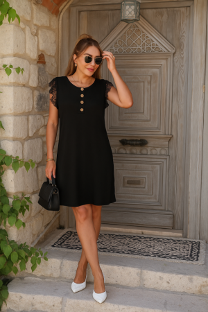 Kadın Kısa Dantel Kollu önden Düğmeli Viskon Elbise - ANGELINO BuyukBedeniz