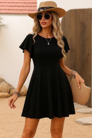 Kadın Kısa Kelebek Kollu Bisiklet Yaka Janjan Krep Elbise - ANGELINO BuyukBedeniz