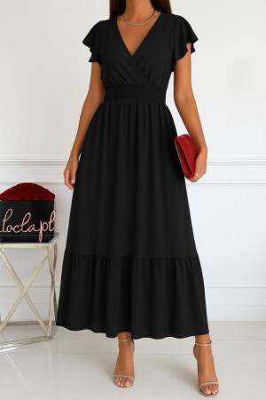 Kadın Kısa Kelebek Kollu Kruvaze Yakalı Beli Lastikli Aerobin Elbise - ANGELINO BuyukBedeniz