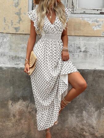 Kadın Kısa Kelebek Kollu Kruvaze Yakalı Desenli Süprem Elbise - ANGELINO BuyukBedeniz