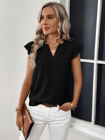 Kadın Kısa Kelebek Kollu V Yakalı Bluz - 5