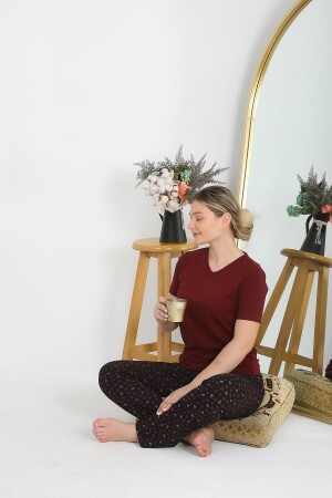 Kadın Kısa Kol Pamuk Penye Pijama Takım Bordo 4214 - Angelino