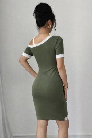 Kadın Kısa Kollu Asimetrik Kesim Yaka şerit Ve Aksesuar Detaylı Modal Elbise - 4