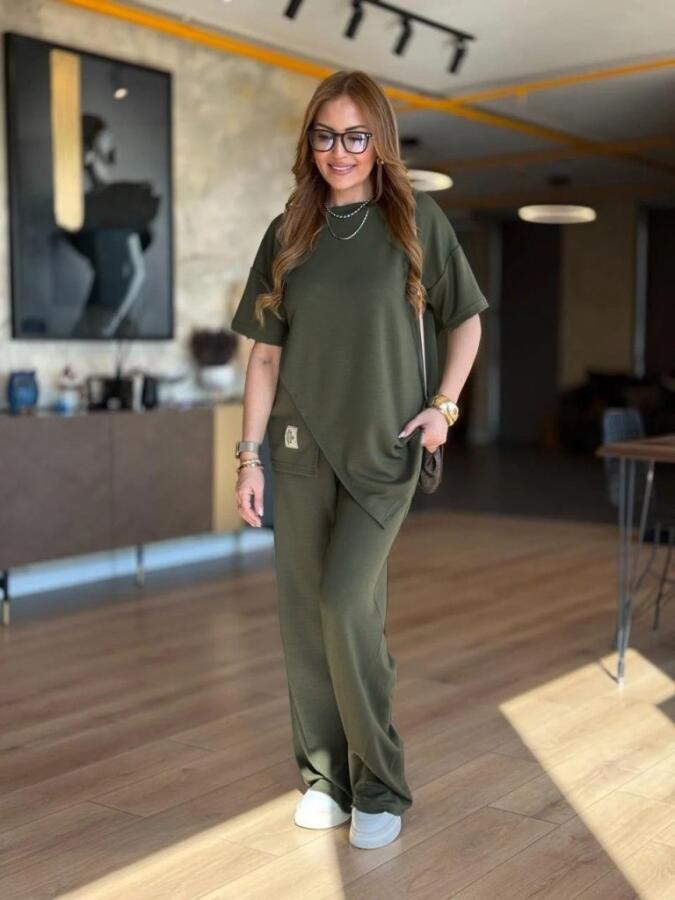 Kadın Kısa Kollu Bisiklet Yaka Asimetrik Viskon Iki Iplik Bluz Ve Pantolon Ikili Takım - 1