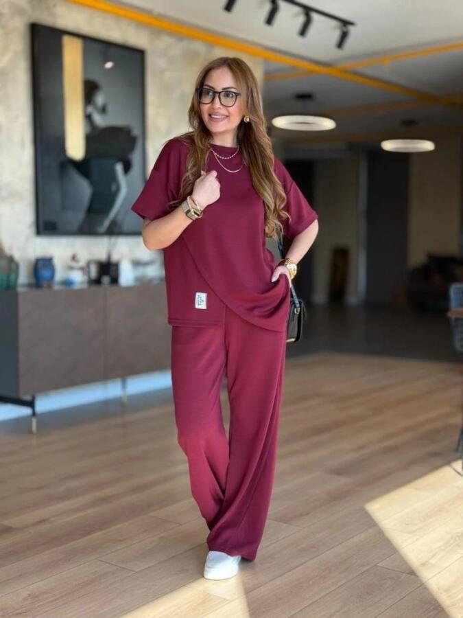 Kadın Kısa Kollu Bisiklet Yaka Asimetrik Viskon Iki Iplik Bluz Ve Pantolon Ikili Takım - 4