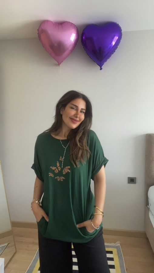 Kadın Kısa Kollu Bisiklet Yaka Cepli Kelebek Baskılı Viskon Elbise - 1