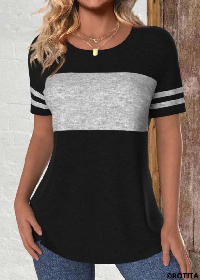 Kadın Kısa Kollu Bisiklet Yaka çift Renkli Viskon Bluz - 1