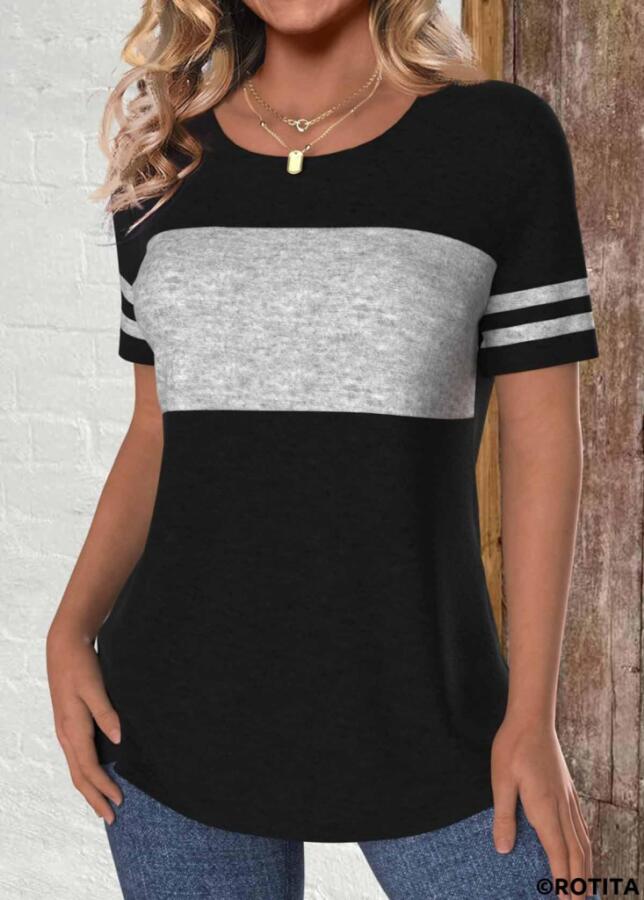 Kadın Kısa Kollu Bisiklet Yaka çift Renkli Viskon Bluz - 3