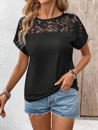Kadın Kısa Kollu Bisiklet Yaka Dantel Detaylı Viskon Bluz - 4