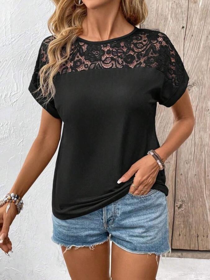 Kadın Kısa Kollu Bisiklet Yaka Dantel Detaylı Viskon Bluz - 4