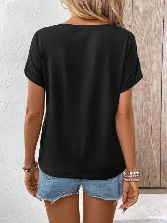 Kadın Kısa Kollu Bisiklet Yaka Dantel Detaylı Viskon Bluz - 5