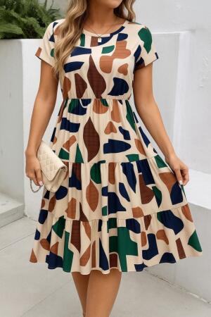 Kadın Kısa Kollu Bisiklet Yaka Desenli Fırfırlı Süprem Elbise - ANGELINO BuyukBedeniz