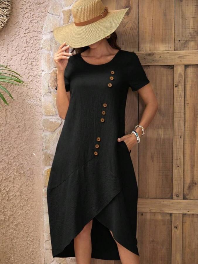 Kadın Kısa Kollu Bisiklet Yaka Düğme Detay Müslim Elbise - 2