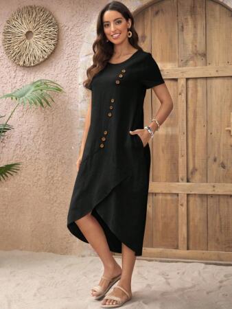 Kadın Kısa Kollu Bisiklet Yaka Düğme Detay Müslim Elbise - 4