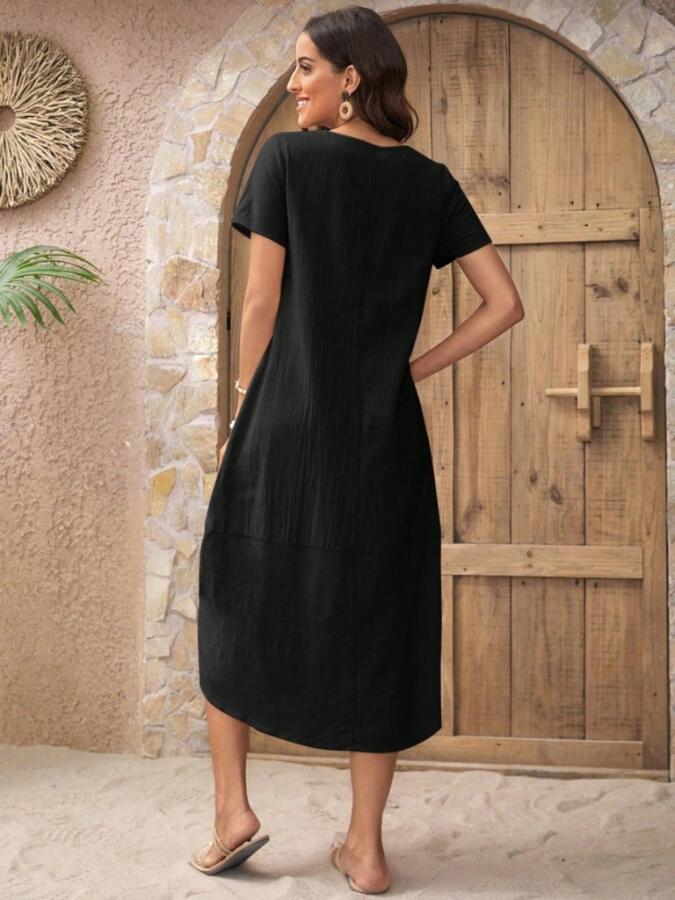 Kadın Kısa Kollu Bisiklet Yaka Düğme Detay Müslim Elbise - 6