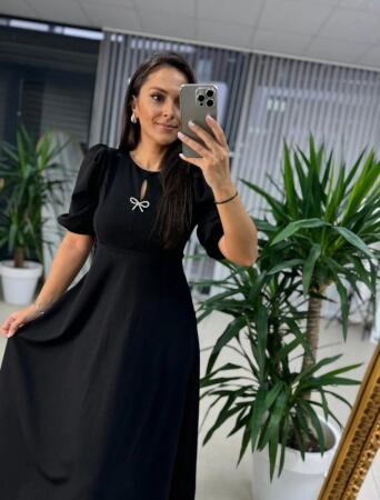 Kadın Kısa Kollu Bisiklet Yaka Fiyonk Broşlu Midi Janjan Krep Elbise - 4