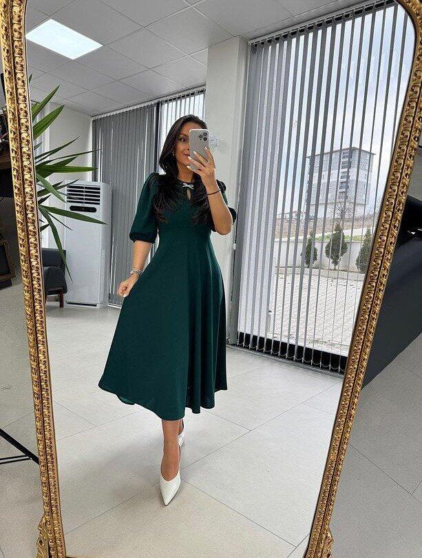 Kadın Kısa Kollu Bisiklet Yaka Fiyonk Broşlu Midi Janjan Krep Elbise - 9