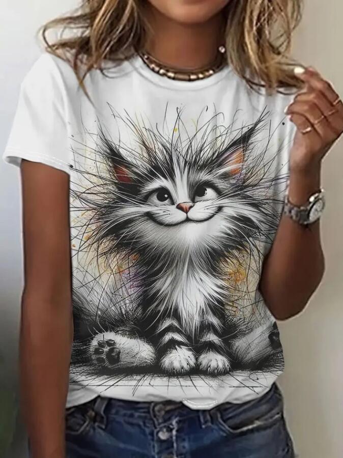 Kadın Kısa Kollu Bisiklet Yaka Kedi Baskılı Süprem Bluz - 1