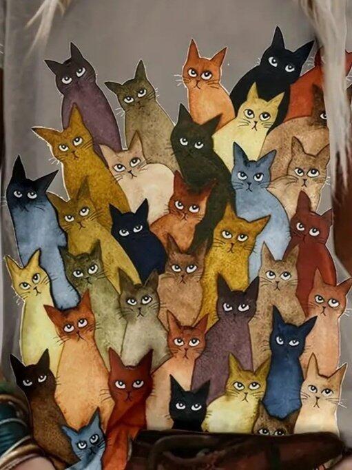 Kadın Kısa Kollu Bisiklet Yaka Kedi Desenli Süprem Bluz - 2