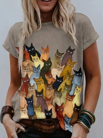 Kadın Kısa Kollu Bisiklet Yaka Kedi Desenli Süprem Bluz - 3