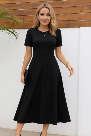 Kadın Kısa Kollu Bisiklet Yaka Maksi Boy Ithal Krep Elbise - ANGELINO BuyukBedeniz