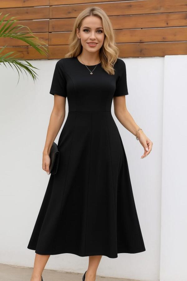 Kadın Kısa Kollu Bisiklet Yaka Maksi Boy Ithal Krep Elbise - 1