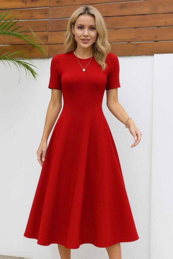 Kadın Kısa Kollu Bisiklet Yaka Maksi Boy Ithal Krep Elbise - 1