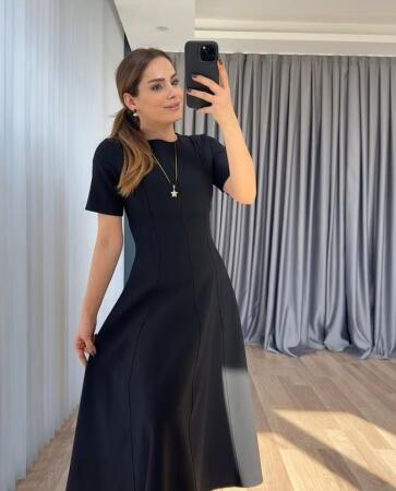 Kadın Kısa Kollu Bisiklet Yaka Maksi Boy Ithal Krep Elbise - 1