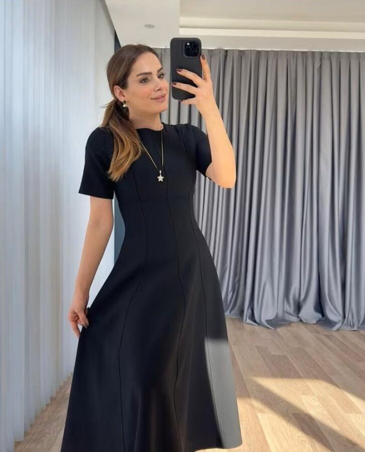Kadın Kısa Kollu Bisiklet Yaka Maksi Boy Ithal Krep Elbise - 1