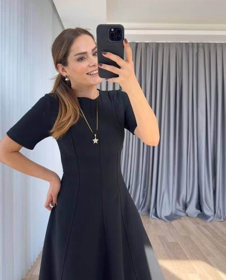 Kadın Kısa Kollu Bisiklet Yaka Maksi Boy Ithal Krep Elbise - 2