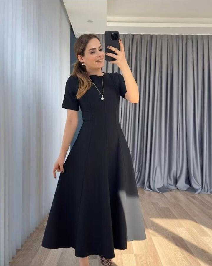 Kadın Kısa Kollu Bisiklet Yaka Maksi Boy Ithal Krep Elbise - 3