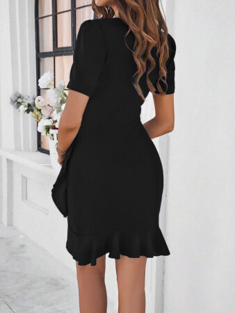 Kadın Kısa Kollu Bisiklet Yaka önden Fırfırlı Büzgülü Janjan Krep Kısa Elbise - ANGELINO BuyukBedeniz (1)