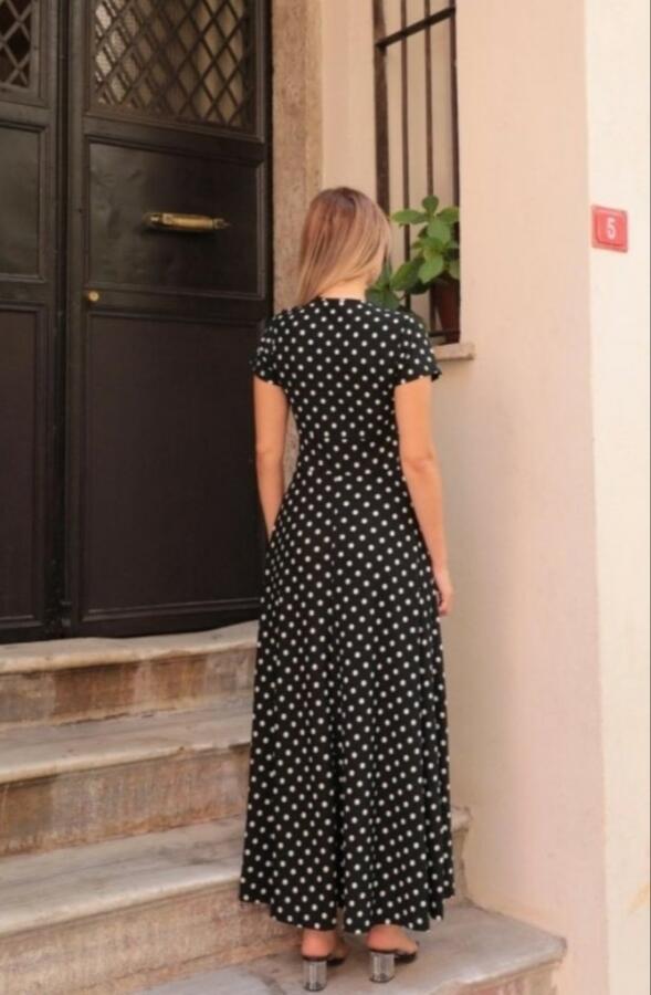 Kadın Kısa Kollu Bisiklet Yaka Puantiyeli Maksi örme Krep Elbise - 6