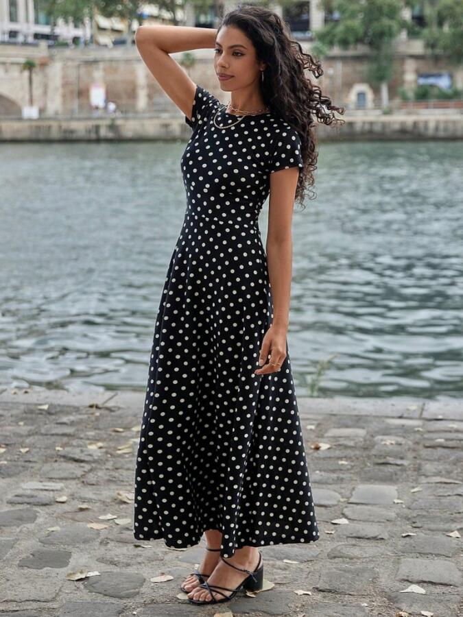 Kadın Kısa Kollu Bisiklet Yaka Puantiyeli Maksi örme Krep Elbise - 9