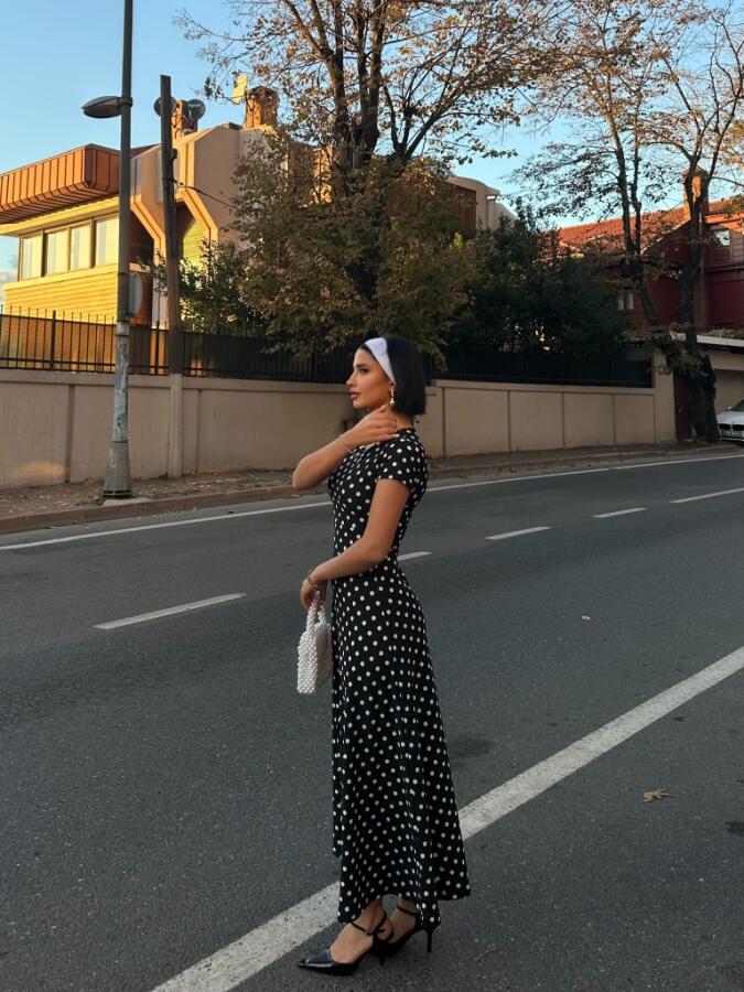 Kadın Kısa Kollu Bisiklet Yaka Puantiyeli Maksi örme Krep Elbise - 12