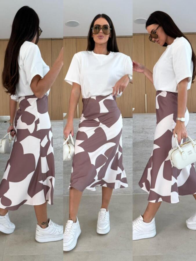 Kadın Kısa Kollu Bisiklet Yaka Viskon Bluz Ve Desenli Süprem Etek Ikili Takım - 2