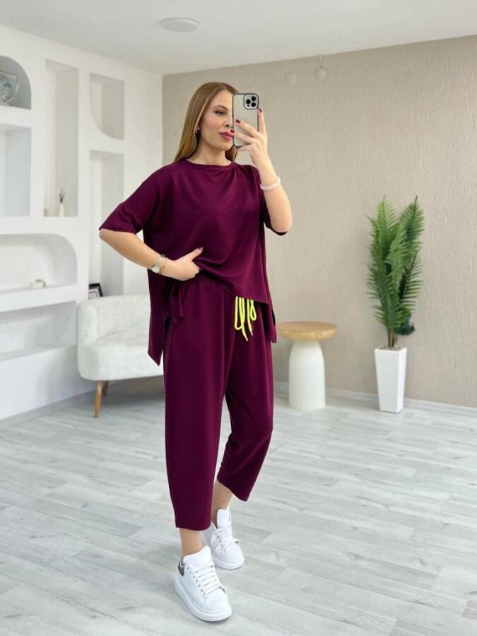 Kadın Kısa Kollu Bisiklet Yaka Viskon Iki Iplik Bluz Ve Pantolon Ikili Takım - 3