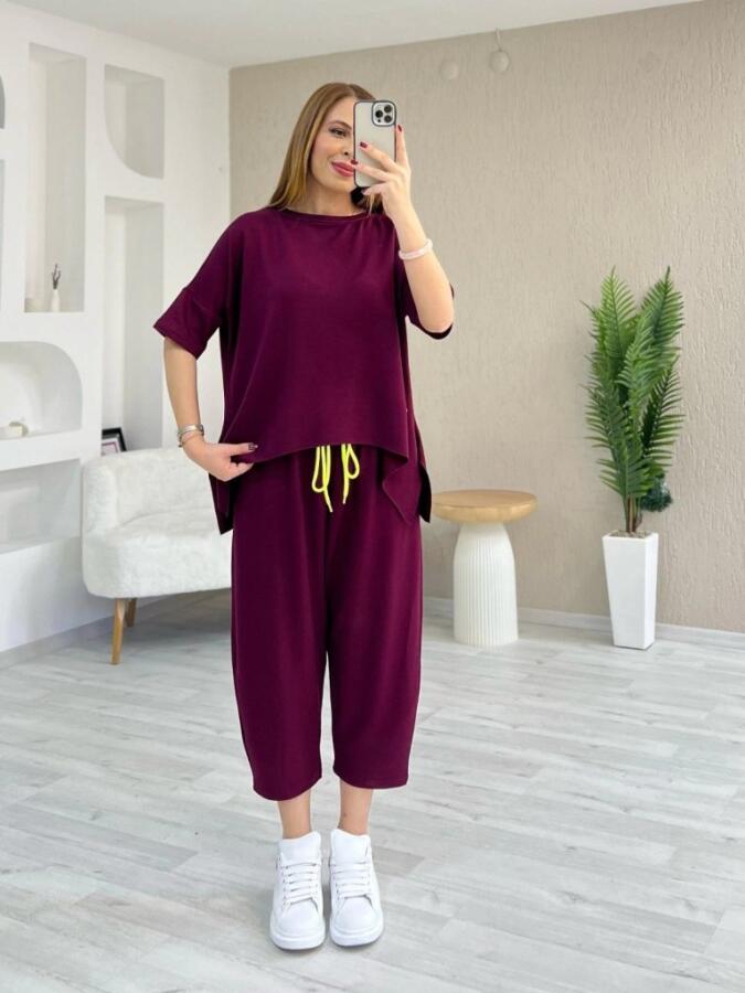Kadın Kısa Kollu Bisiklet Yaka Viskon Iki Iplik Bluz Ve Pantolon Ikili Takım - 4