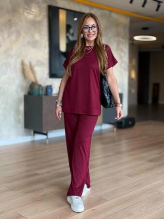 Kadın Kısa Kollu Bisiklet Yaka Viskon Iki Iplik Bluz Ve Pantolon Ikili Takım - 4