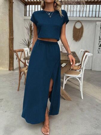 Kadın Kısa Kollu Bisiklet Yaka Viskon Krop Bluz Ve Uzun Etek Ikili Takım - 4