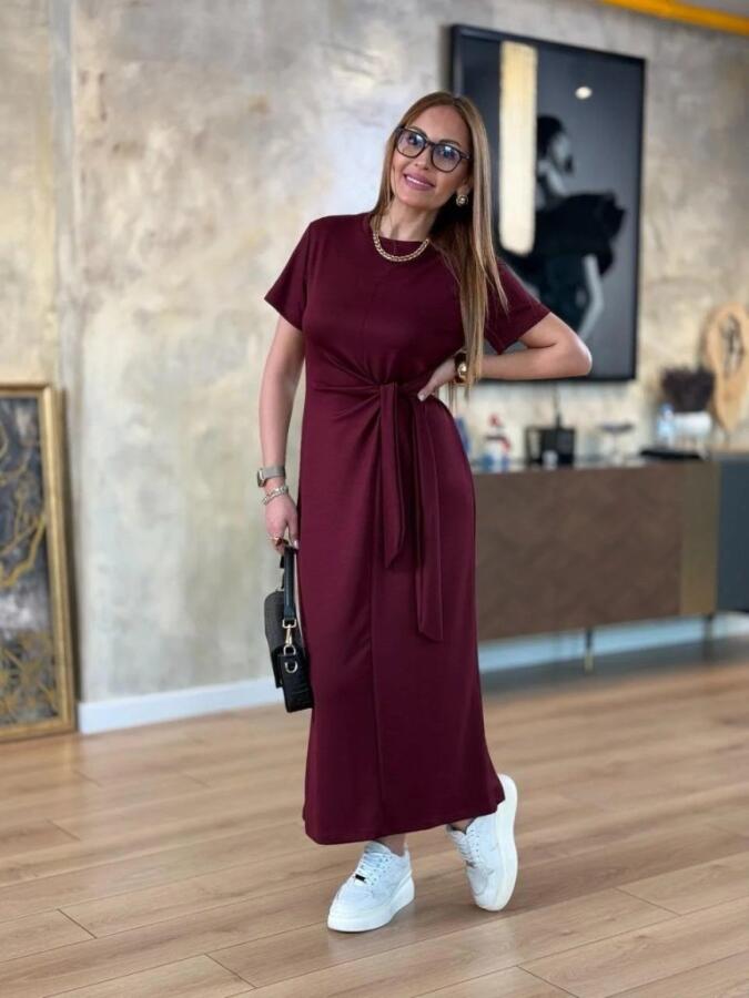Kadın Kısa Kollu Bisiklet Yaka Yandan Bağlamalı Viskon Iki Iplik Elbise - 4