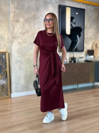 Kadın Kısa Kollu Bisiklet Yaka Yandan Bağlamalı Viskon Iki Iplik Elbise - 6
