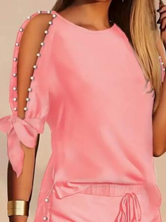 Kadın Kısa Kollu Bisiklet Yaka Yarı Açık Omuz Inci Detaylı Short T-shirt Viskon Ikili Takım - ANGELINO BuyukBedeniz (1)