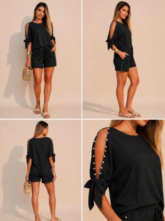 Kadın Kısa Kollu Bisiklet Yaka Yarı Açık Omuz Inci Detaylı şort T-shirt Viskon Ikili Takım - 4
