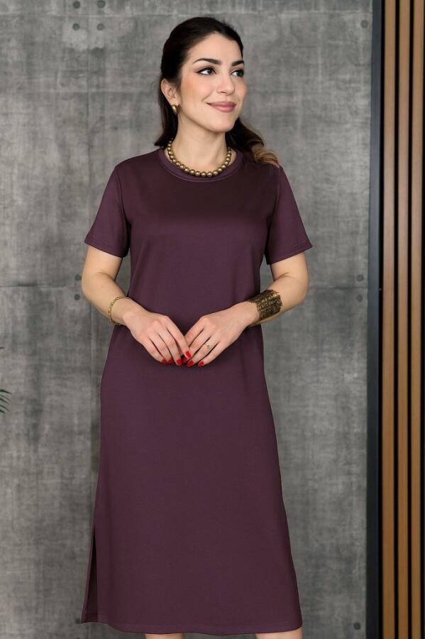 Kadın Kısa Kollu Bisiklet Yaka Yırtmaçlı Viskon Iki Iplik Elbise - 2