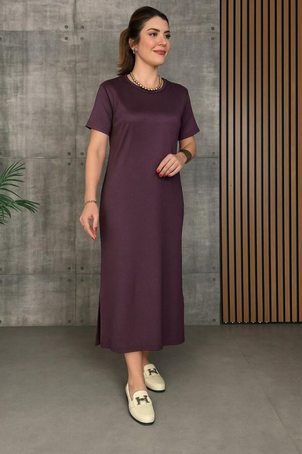 Kadın Kısa Kollu Bisiklet Yaka Yırtmaçlı Viskon Iki Iplik Elbise - 3