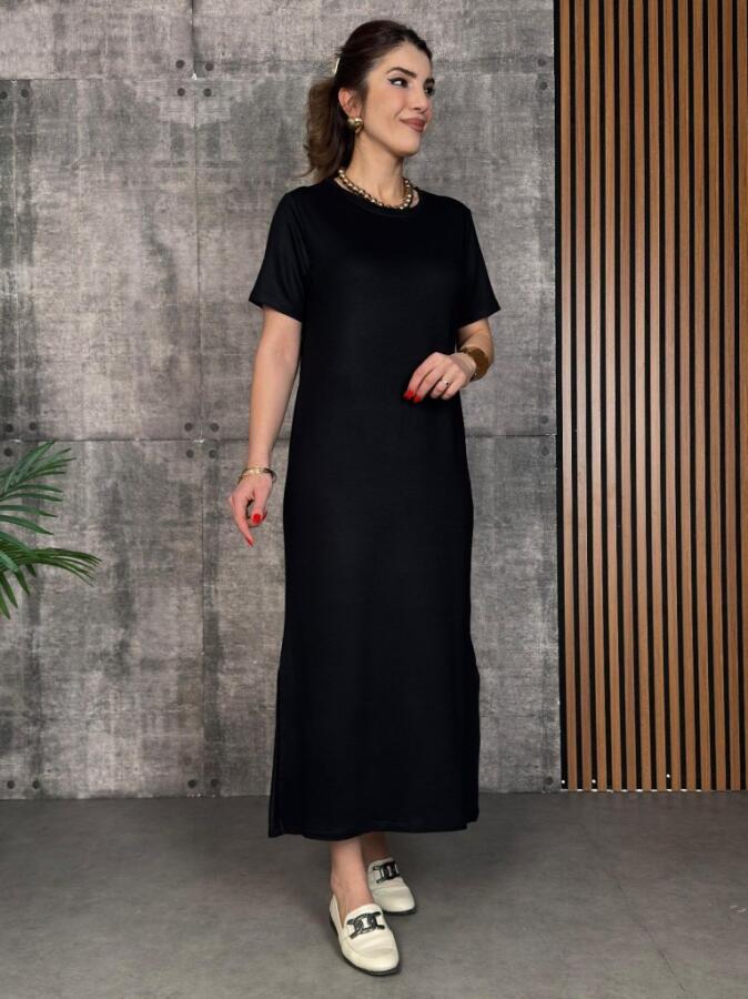 Kadın Kısa Kollu Bisiklet Yaka Yırtmaçlı Viskon Iki Iplik Elbise - 1